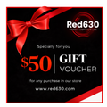 Red630™ gift card featuring a red and white design with the Red630™ logo, available in denominations from $50 to $2000.